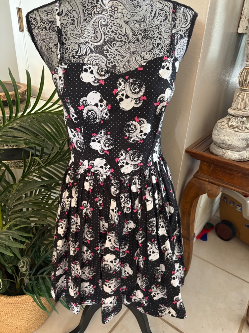 Hot Topic Black Dress with White Skulls and Pink Accents